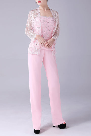Pink 3 Pieces Lace Coat Mother of the Bride Pant Suits